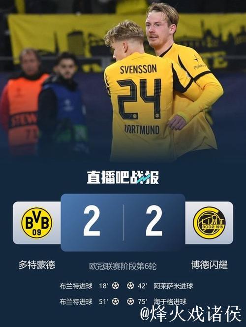 布兰特双响助多特蒙德2-2战平博德闪耀，阿里萨米破门